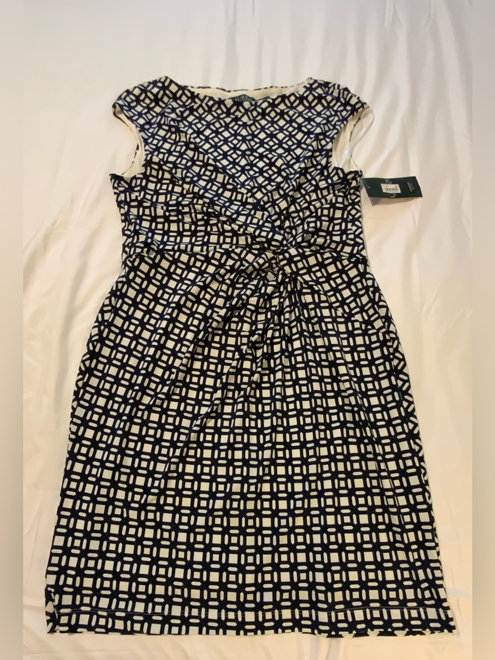 Lauren Ralph Lauren Blue & White Geometric Print Sheath Dress Twisted Front 16P